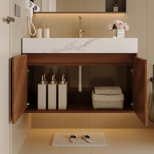 English Elm 30 Inch Floating Bathroom Vanity with Sintered Stone Top and Soft-Close Oak Cabinet Walnut White - A W3136S00121