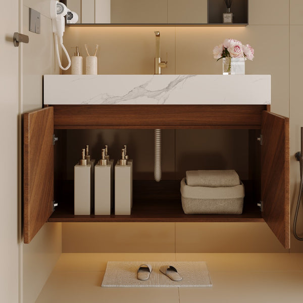 English Elm 30 Inch Floating Bathroom Vanity with Sintered Stone Top and Soft-Close Oak Cabinet Walnut White - A W3136S00121