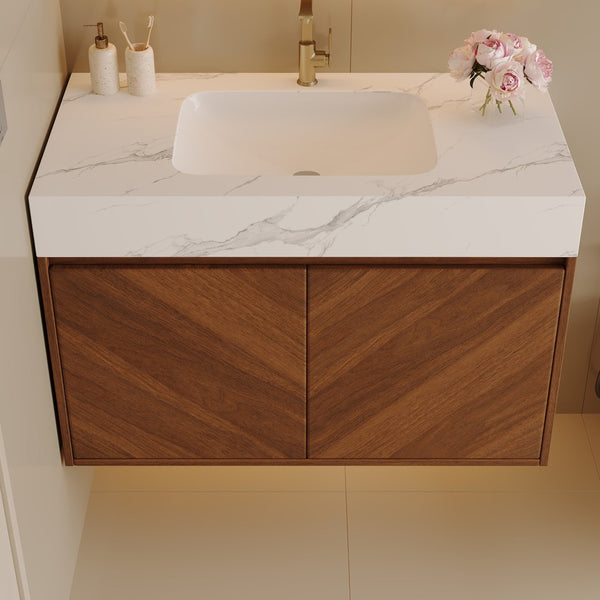 English Elm 30 Inch Floating Bathroom Vanity with Sintered Stone Top and Soft-Close Oak Cabinet Walnut White - A W3136S00121