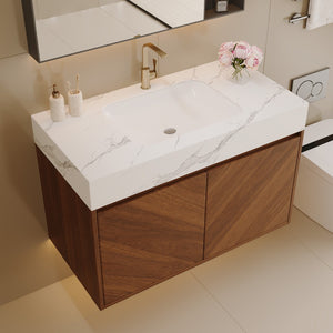 English Elm 30 Inch Floating Bathroom Vanity with Sintered Stone Top and Soft-Close Oak Cabinet Walnut White - A W3136S00121