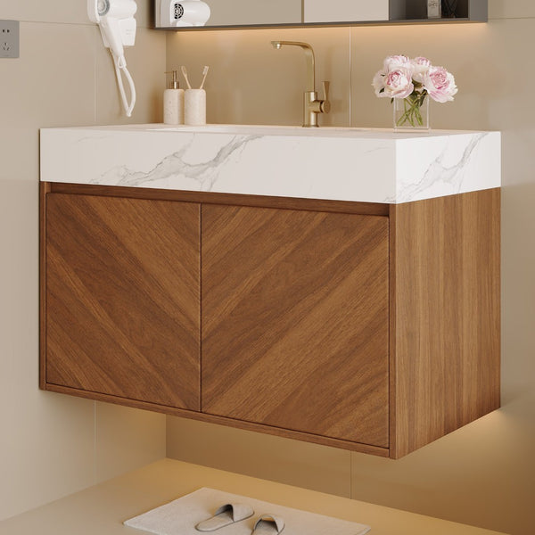 English Elm 30 Inch Floating Bathroom Vanity with Sintered Stone Top and Soft-Close Oak Cabinet Walnut White - A W3136S00121