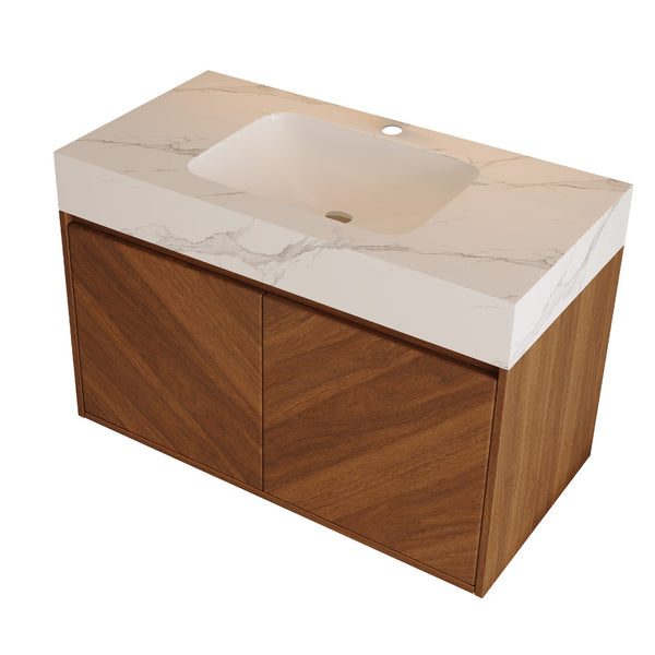 English Elm 30 Inch Floating Bathroom Vanity with Sintered Stone Top and Soft-Close Oak Cabinet Walnut White - A W3136S00121