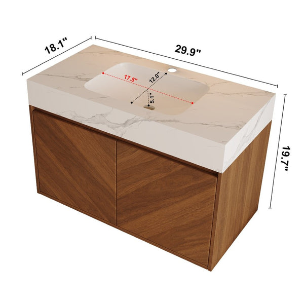 English Elm 30 Inch Floating Bathroom Vanity with Sintered Stone Top and Soft-Close Oak Cabinet Walnut White - A W3136S00121