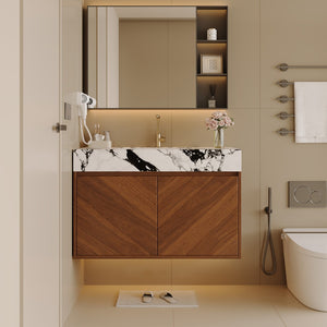 English Elm 30 Inch Floating Bathroom Vanity with Sintered Stone Top and Soft-Close Oak Cabinet Walnut White - B W3136S00122