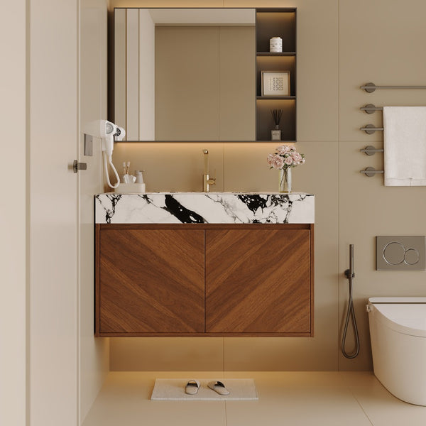 English Elm 30 Inch Floating Bathroom Vanity with Sintered Stone Top and Soft-Close Oak Cabinet Walnut White - B W3136S00122