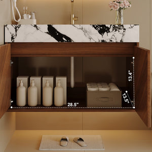 English Elm 30 Inch Floating Bathroom Vanity with Sintered Stone Top and Soft-Close Oak Cabinet Walnut White - B W3136S00122