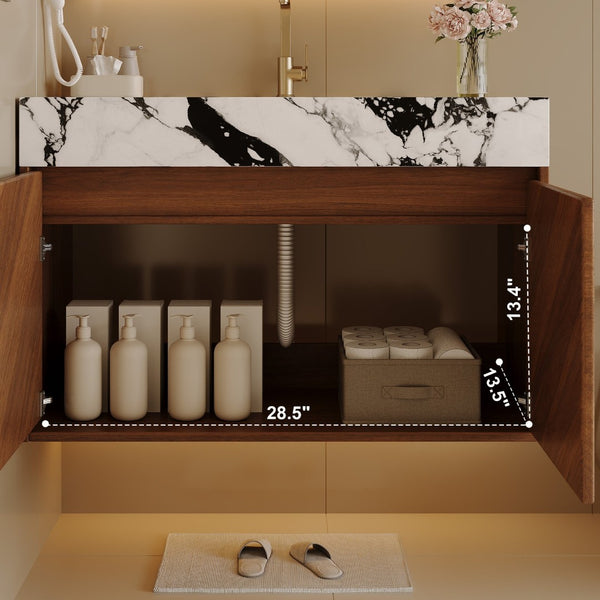 English Elm 30 Inch Floating Bathroom Vanity with Sintered Stone Top and Soft-Close Oak Cabinet Walnut White - B W3136S00122