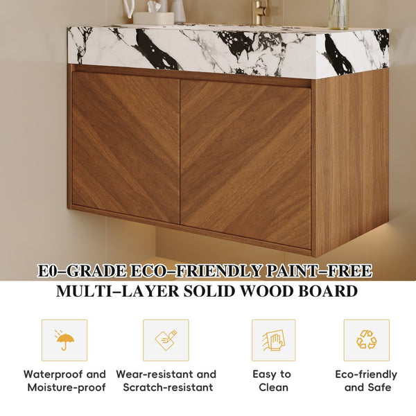 English Elm 30 Inch Floating Bathroom Vanity with Sintered Stone Top and Soft-Close Oak Cabinet Walnut White - B W3136S00122