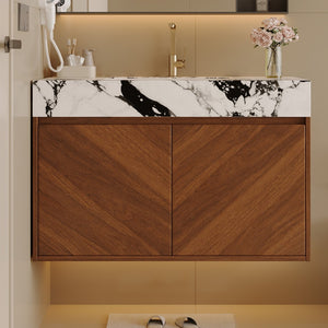 English Elm 30 Inch Floating Bathroom Vanity with Sintered Stone Top and Soft-Close Oak Cabinet Walnut White - B W3136S00122