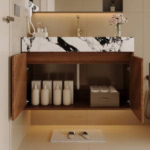 English Elm 30 Inch Floating Bathroom Vanity with Sintered Stone Top and Soft-Close Oak Cabinet Walnut White - B W3136S00122