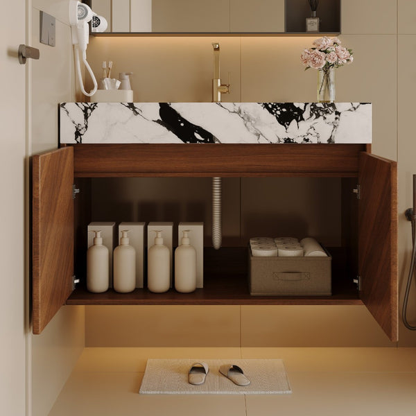 English Elm 30 Inch Floating Bathroom Vanity with Sintered Stone Top and Soft-Close Oak Cabinet Walnut White - B W3136S00122