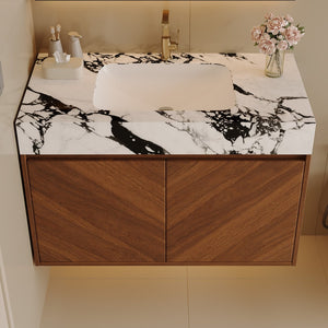 English Elm 30 Inch Floating Bathroom Vanity with Sintered Stone Top and Soft-Close Oak Cabinet Walnut White - B W3136S00122
