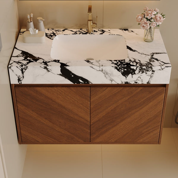 English Elm 30 Inch Floating Bathroom Vanity with Sintered Stone Top and Soft-Close Oak Cabinet Walnut White - B W3136S00122