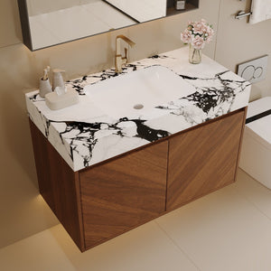 English Elm 30 Inch Floating Bathroom Vanity with Sintered Stone Top and Soft-Close Oak Cabinet Walnut White - B W3136S00122