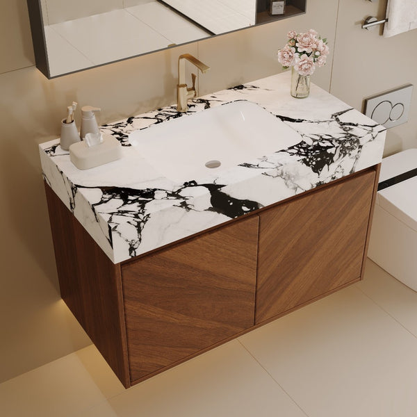 English Elm 30 Inch Floating Bathroom Vanity with Sintered Stone Top and Soft-Close Oak Cabinet Walnut White - B W3136S00122