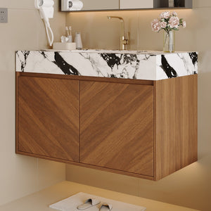 English Elm 30 Inch Floating Bathroom Vanity with Sintered Stone Top and Soft-Close Oak Cabinet Walnut White - B W3136S00122