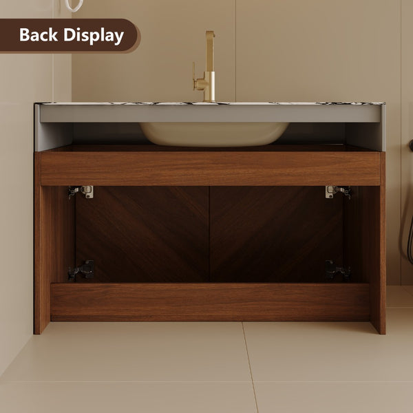 English Elm 30 Inch Floating Bathroom Vanity with Sintered Stone Top and Soft-Close Oak Cabinet Walnut White - B W3136S00122