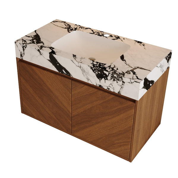 English Elm 30 Inch Floating Bathroom Vanity with Sintered Stone Top and Soft-Close Oak Cabinet Walnut White - B W3136S00122