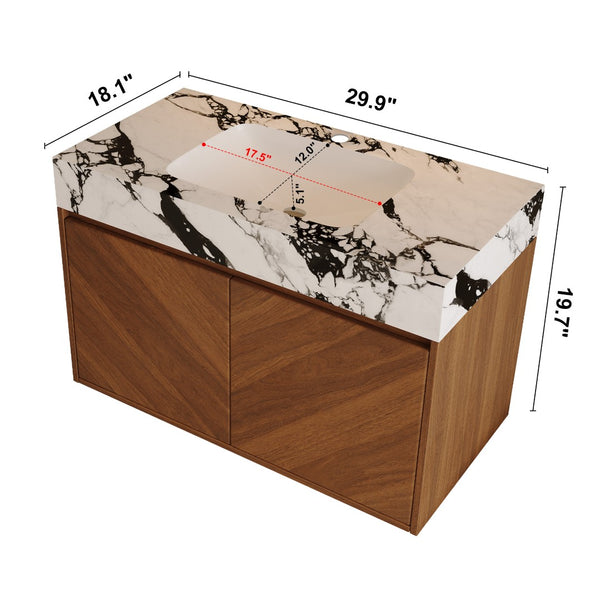 English Elm 30 Inch Floating Bathroom Vanity with Sintered Stone Top and Soft-Close Oak Cabinet Walnut White - B W3136S00122