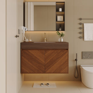 English Elm 30 Inch Floating Bathroom Vanity with Sintered Stone Top and Soft-Close Oak Cabinet Brown Walnut W3136S00123