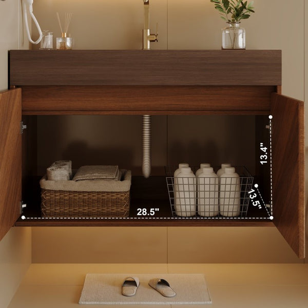 English Elm 30 Inch Floating Bathroom Vanity with Sintered Stone Top and Soft-Close Oak Cabinet Brown Walnut W3136S00123