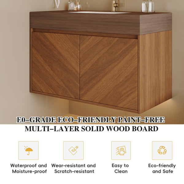 English Elm 30 Inch Floating Bathroom Vanity with Sintered Stone Top and Soft-Close Oak Cabinet Brown Walnut W3136S00123