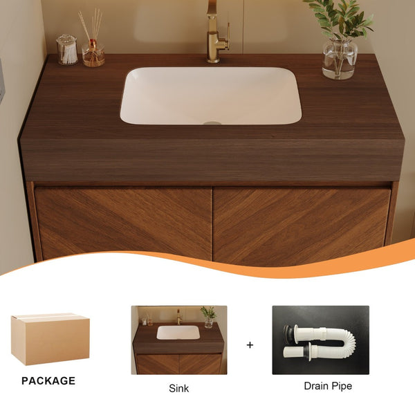 English Elm 30 Inch Floating Bathroom Vanity with Sintered Stone Top and Soft-Close Oak Cabinet Brown Walnut W3136S00123