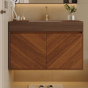 English Elm 30 Inch Floating Bathroom Vanity with Sintered Stone Top and Soft-Close Oak Cabinet Brown Walnut W3136S00123