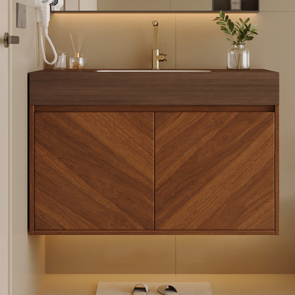 English Elm 30 Inch Floating Bathroom Vanity with Sintered Stone Top and Soft-Close Oak Cabinet Brown Walnut W3136S00123