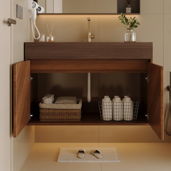 English Elm 30 Inch Floating Bathroom Vanity with Sintered Stone Top and Soft-Close Oak Cabinet Brown Walnut W3136S00123