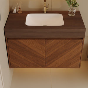 English Elm 30 Inch Floating Bathroom Vanity with Sintered Stone Top and Soft-Close Oak Cabinet Brown Walnut W3136S00123