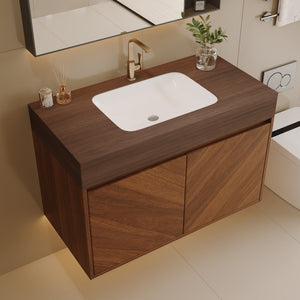 English Elm 30 Inch Floating Bathroom Vanity with Sintered Stone Top and Soft-Close Oak Cabinet Brown Walnut W3136S00123
