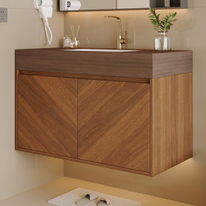 English Elm 30 Inch Floating Bathroom Vanity with Sintered Stone Top and Soft-Close Oak Cabinet Brown Walnut W3136S00123