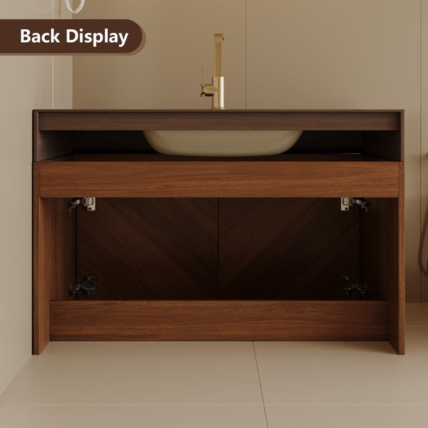 English Elm 30 Inch Floating Bathroom Vanity with Sintered Stone Top and Soft-Close Oak Cabinet Brown Walnut W3136S00123