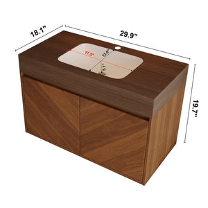 English Elm 30 Inch Floating Bathroom Vanity with Sintered Stone Top and Soft-Close Oak Cabinet Brown Walnut W3136S00123