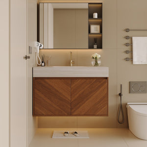 English Elm 30 Inch Floating Bathroom Vanity with Sintered Stone Top and Soft-Close Oak Cabinet Brown Stone Gray W3136S00124