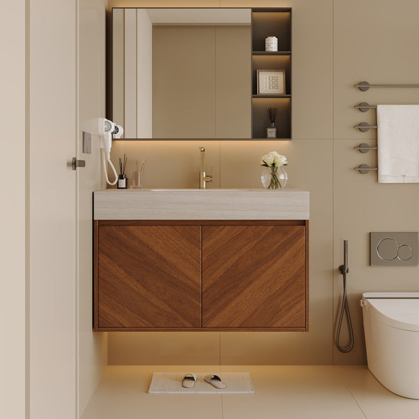 English Elm 30 Inch Floating Bathroom Vanity with Sintered Stone Top and Soft-Close Oak Cabinet Brown Stone Gray W3136S00124