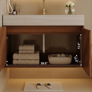 English Elm 30 Inch Floating Bathroom Vanity with Sintered Stone Top and Soft-Close Oak Cabinet Brown Stone Gray W3136S00124