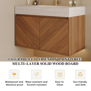 English Elm 30 Inch Floating Bathroom Vanity with Sintered Stone Top and Soft-Close Oak Cabinet Brown Stone Gray W3136S00124