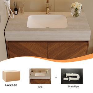 English Elm 30 Inch Floating Bathroom Vanity with Sintered Stone Top and Soft-Close Oak Cabinet Brown Stone Gray W3136S00124