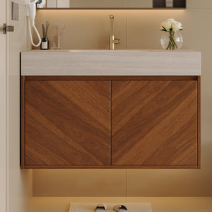English Elm 30 Inch Floating Bathroom Vanity with Sintered Stone Top and Soft-Close Oak Cabinet Brown Stone Gray W3136S00124