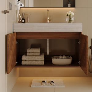 English Elm 30 Inch Floating Bathroom Vanity with Sintered Stone Top and Soft-Close Oak Cabinet Brown Stone Gray W3136S00124