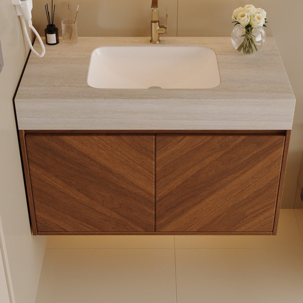 English Elm 30 Inch Floating Bathroom Vanity with Sintered Stone Top and Soft-Close Oak Cabinet Brown Stone Gray W3136S00124