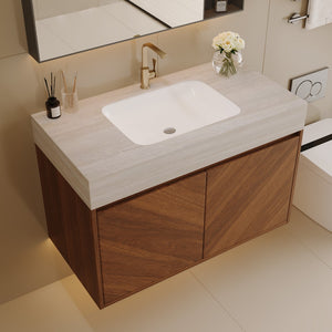 English Elm 30 Inch Floating Bathroom Vanity with Sintered Stone Top and Soft-Close Oak Cabinet Brown Stone Gray W3136S00124