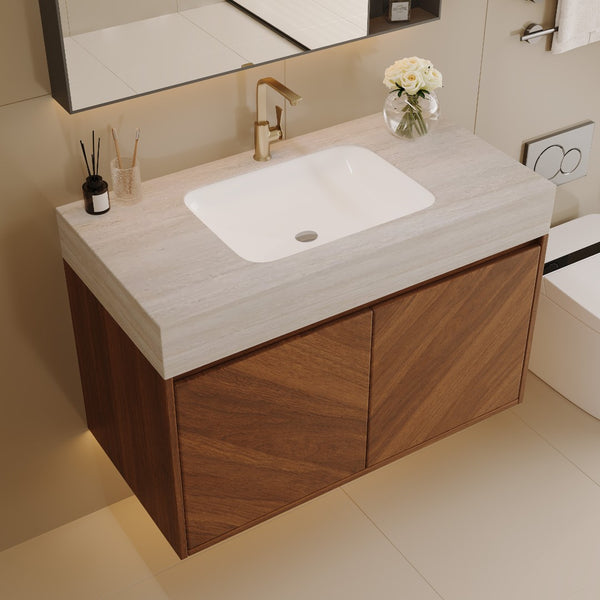 English Elm 30 Inch Floating Bathroom Vanity with Sintered Stone Top and Soft-Close Oak Cabinet Brown Stone Gray W3136S00124