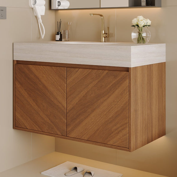 English Elm 30 Inch Floating Bathroom Vanity with Sintered Stone Top and Soft-Close Oak Cabinet Brown Stone Gray W3136S00124
