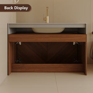 English Elm 30 Inch Floating Bathroom Vanity with Sintered Stone Top and Soft-Close Oak Cabinet Brown Stone Gray W3136S00124