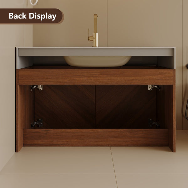 English Elm 30 Inch Floating Bathroom Vanity with Sintered Stone Top and Soft-Close Oak Cabinet Brown Stone Gray W3136S00124