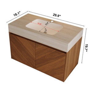 English Elm 30 Inch Floating Bathroom Vanity with Sintered Stone Top and Soft-Close Oak Cabinet Brown Stone Gray W3136S00124