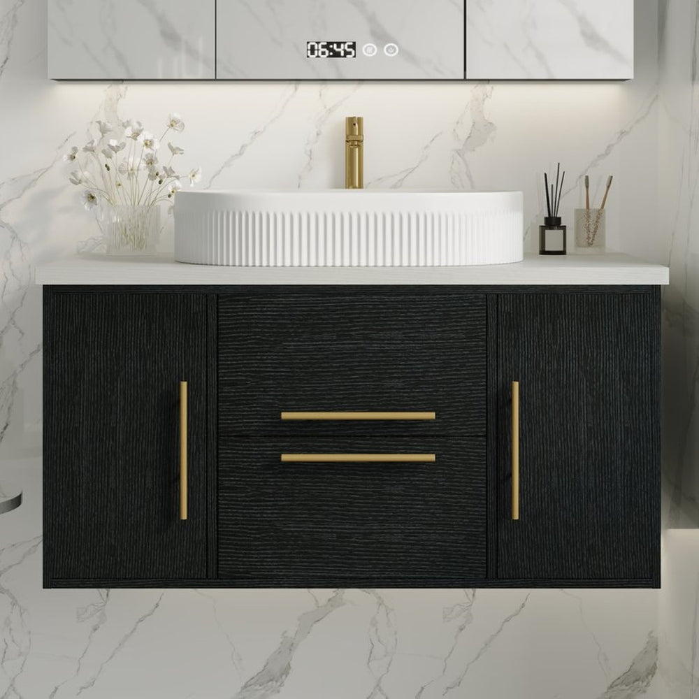 English Elm 39.4 Inch Floating Bathroom Vanity Solid Wood Cabinet with Ceramic Vessel Sink W3136S00125